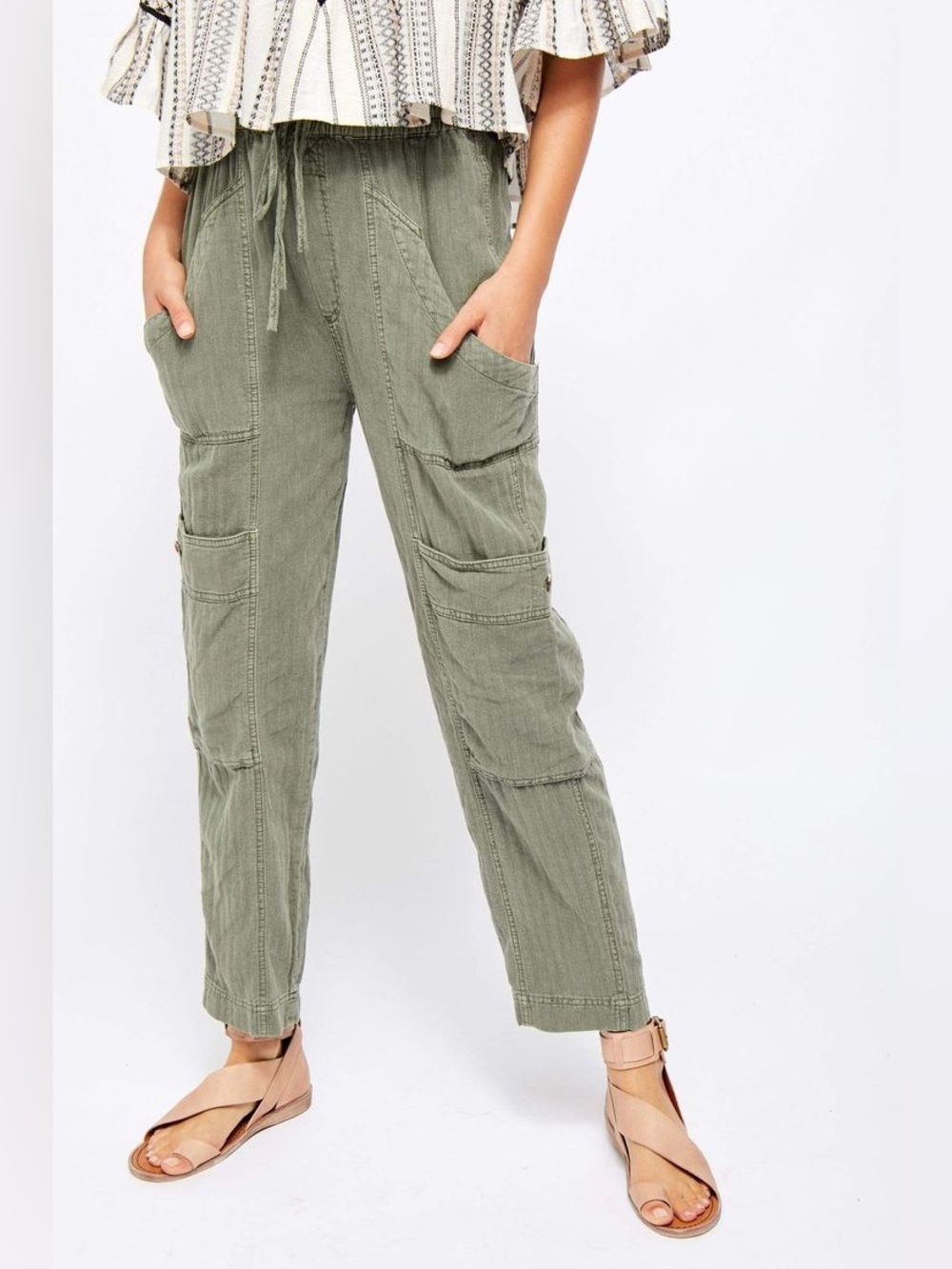 Free People Feelin’ Good Utility Pull On Linen Cotton Green Pants Size Medium